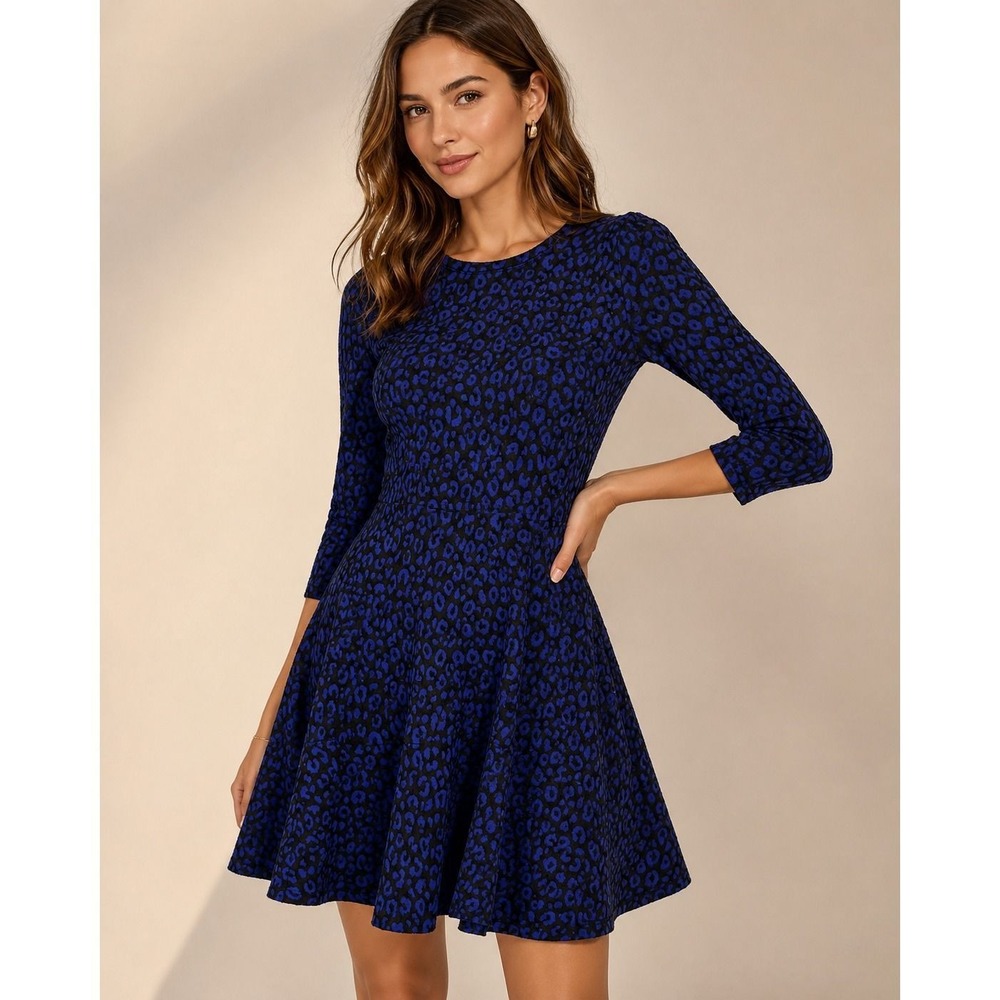 Michael Michael Kors Blue Black Leopard Print Fit Flare Knit Dress XS